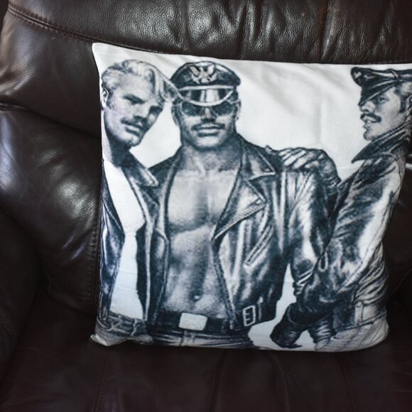 Tom Of Finland sexy leather man trio Style pillow throw - Picture 2 of 11